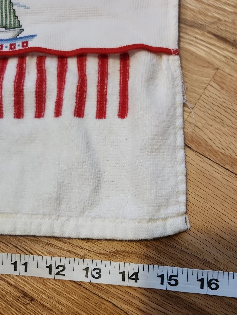 Cross Stitch Embroidered Sailboat Themed Red White Stripe 100% Cotton Dish Towel